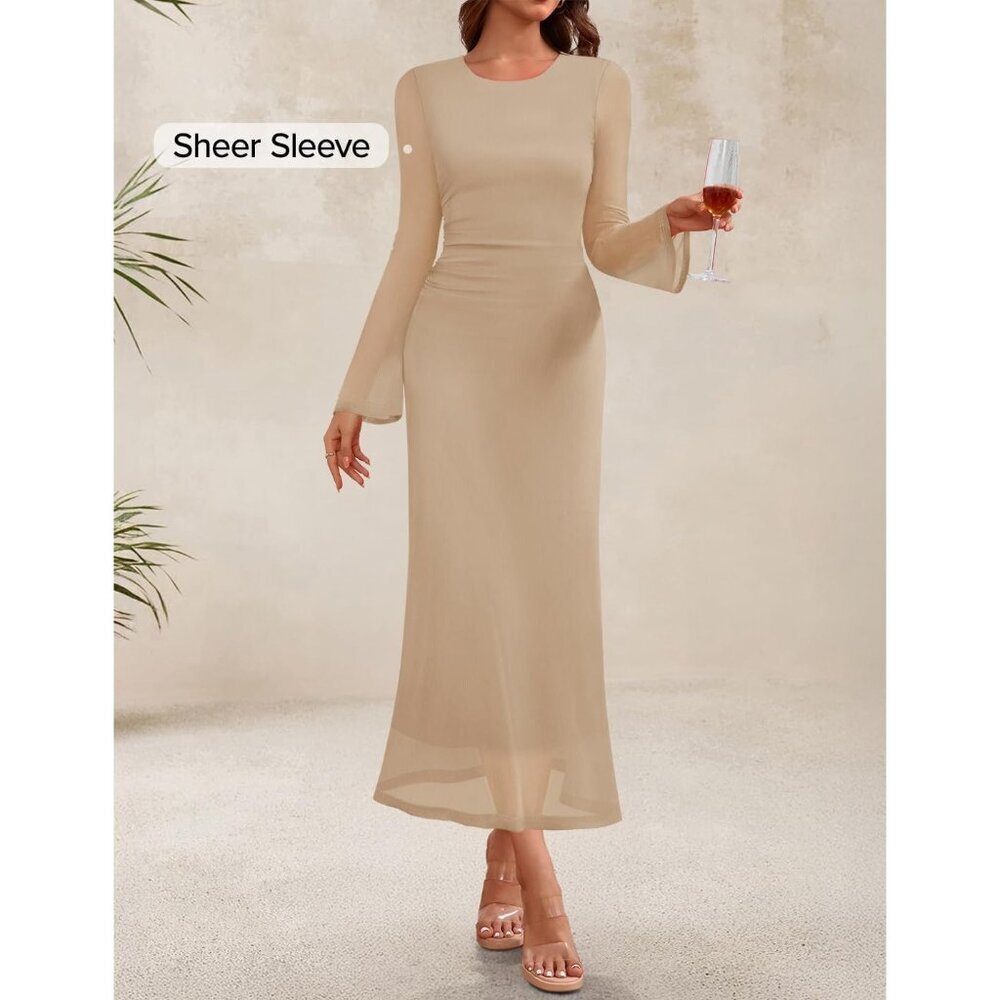 Zesica Women's Solid Apricot Ruched Mesh Long Sleeve Floral Bodycon Dress - Picture 2 of 6